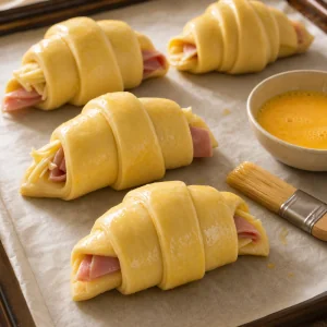 Egg-washed croissants rising before baking