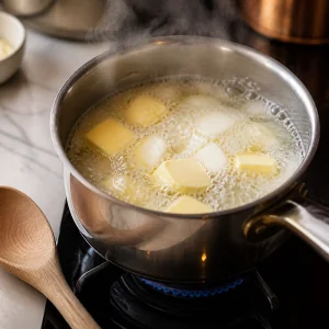 Butter melting in boiling milk mixture for choux pastry