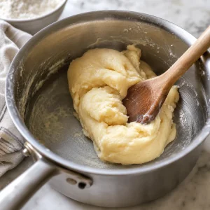 Choux dough stirred in a saucepan with a wooden spoon