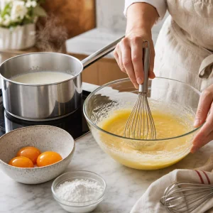 Egg yolks and sugar whisked for vanilla pastry cream