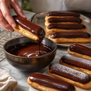 Filled eclairs dipped in glossy chocolate glaze