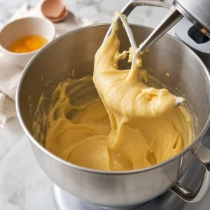 Glossy choux dough beaten in a stand mixer