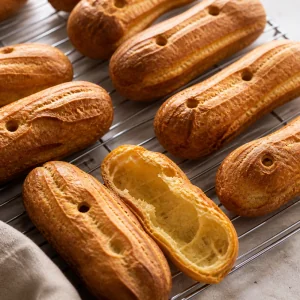 Golden eclair shells cooling with steam holes