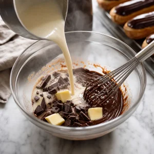 Hot cream poured over chocolate for glossy glaze