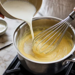 Hot milk whisked into thickening vanilla custard