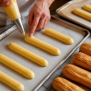Neat choux logs piped onto a parchment-lined tray