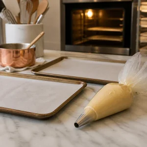 Parchment-lined trays and piping bag ready for eclairs