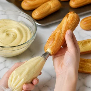 Vanilla pastry cream piped into golden eclair shells