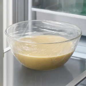 Madeleine batter covered with plastic wrap and chilled in the refrigerator