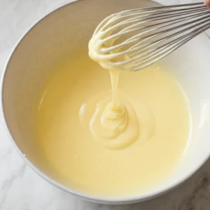 Pale egg and sugar mixture forming a ribbon from the whisk