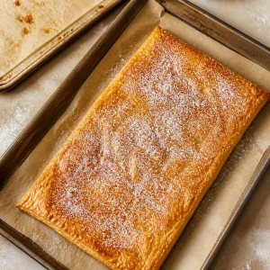 Golden baked puff pastry sheet dusted with sugar