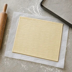 Pricked rectangular puff pastry sheet on parchment