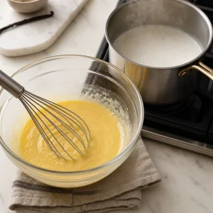 Whisked egg yolk mixture beside steaming vanilla milk