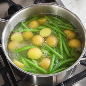 Batatas baby a ferver com vagens para salada niçoise
