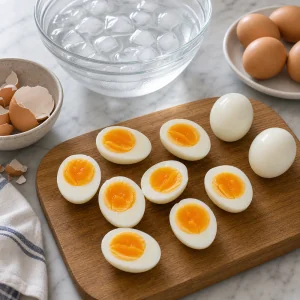 Ovos cozidos de gema cremosa descascados e cortados ao meio para salada niçoise
