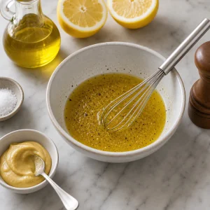 Vinagrete de limão e Dijon batido com azeite e pimenta-preta