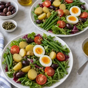 Pratos de salada niçoise montados com folhas, batatas, vagens, tomates, azeitonas, alcaparras e ovos