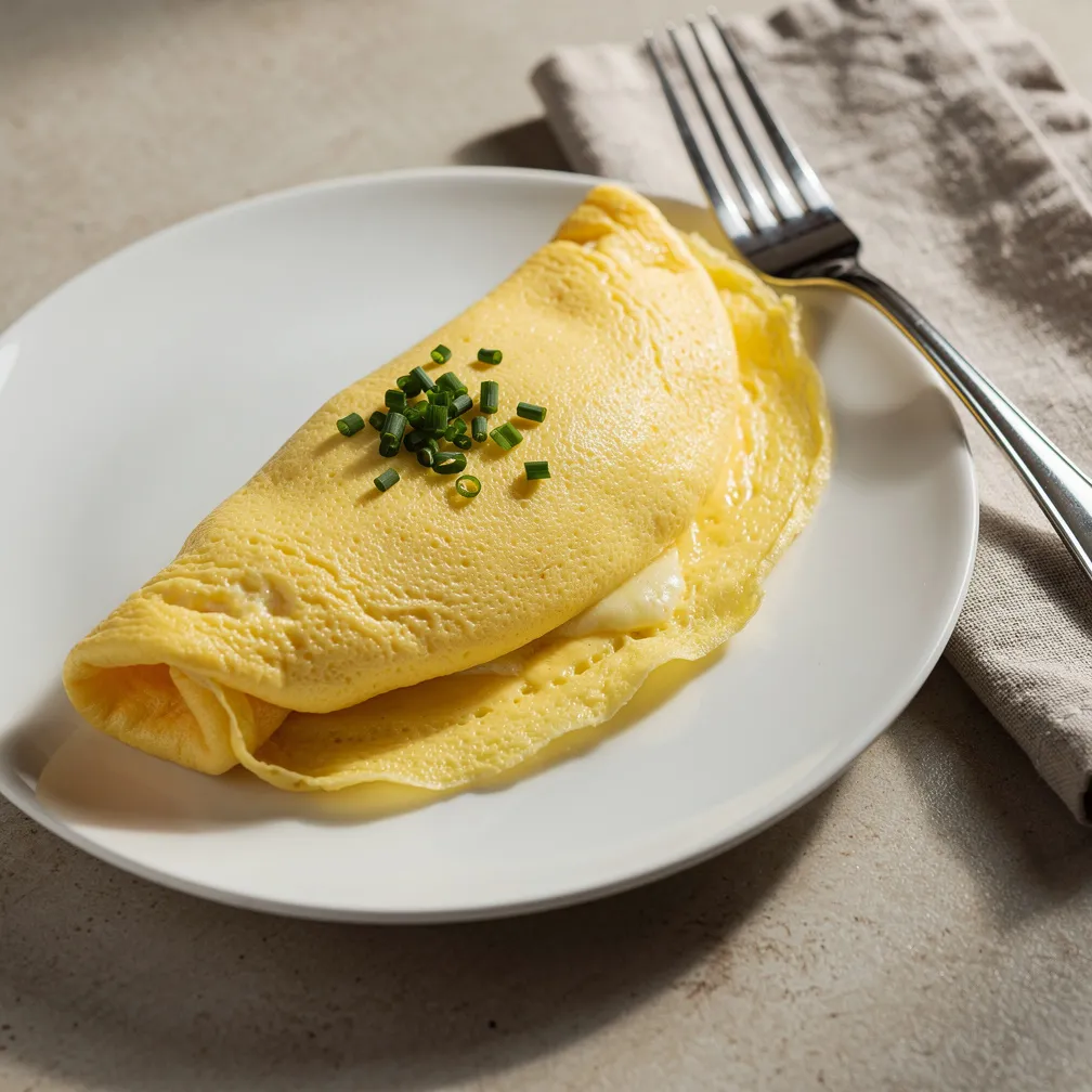A smooth, pale yellow French omelet garnished with fresh chives on a white plate
