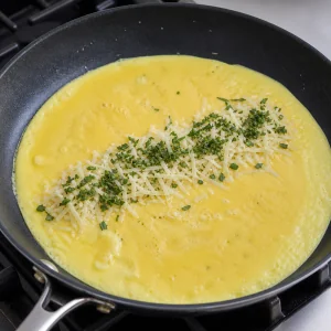 Gruyere cheese and fresh herbs sprinkled across the center of the egg layer