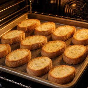 Tranches de baguette grillées au four jusqu’à ce qu’elles soient croustillantes et dorées.
