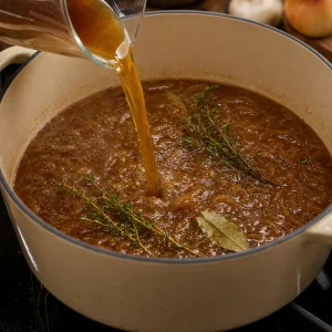 Bouillon de bœuf, thym et laurier ajoutés à la soupe à l’oignon.