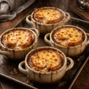 Soupe à l’oignon gratinée avec Gruyère fondu et bouillonnant.