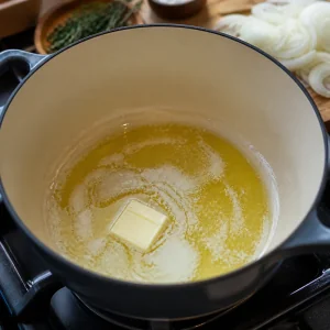 Beurre fondant avec de l’huile d’olive dans une cocotte pour une soupe à l’oignon.