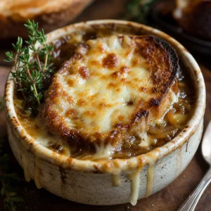 Classic French onion soup with bubbling melted Gruyere over toasted baguette.