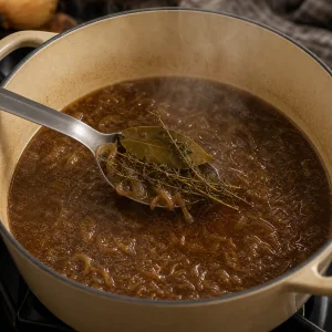 Soupe à l’oignon mijotant pendant que le thym et le laurier sont retirés.