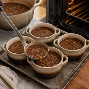 Soupe à l’oignon chaude versée dans des bols allant au four sur une plaque.