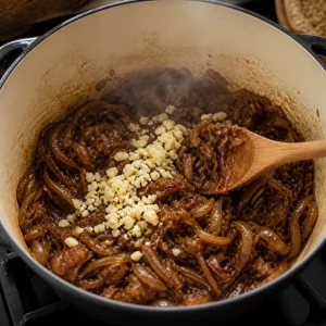 Ail haché ajouté aux oignons caramélisés dans la marmite.