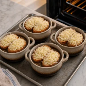 Baguette grillée et Gruyère râpé déposés sur les bols de soupe à l’oignon.