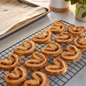 Baked cinnamon palmiers cool on a wire rack until crisp