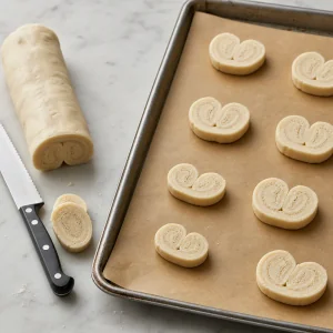 Chilled palmier dough is sliced and arranged cut side up on parchment