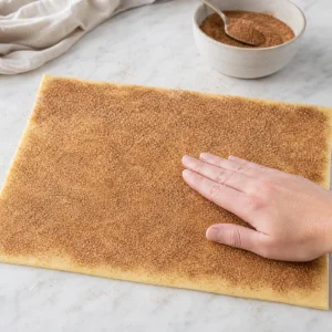 Cinnamon sugar is sprinkled over buttered puff pastry and pressed to adhere