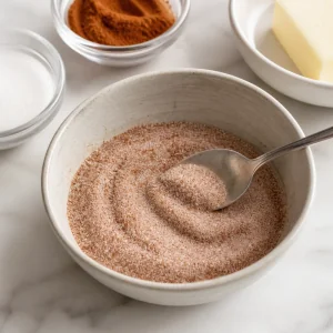 Granulated sugar and cinnamon are mixed together in a small bowl