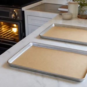 Parchment-lined baking sheets are prepared while the oven preheats for palmiers