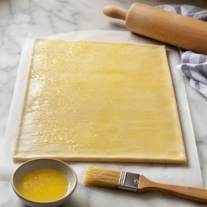 Puff pastry is brushed evenly with melted butter and vanilla