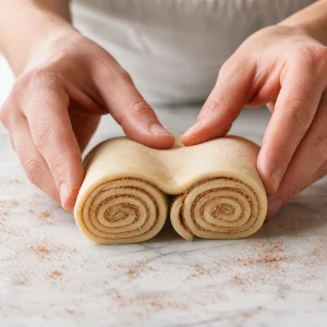 The puff pastry is rolled from both long sides into twin spirals