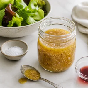 Die fertige Schalotten-Dijon-Vinaigrette kann probiert, abgeschmeckt, zu Blattsalat serviert oder gekühlt werden.