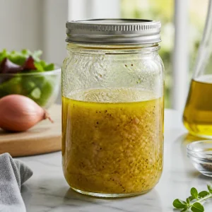 Die goldene Vinaigrette ist nach kräftigem Schütteln gut vermischt und in einem Schraubglas verschlossen.