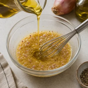 Olivenöl wird beim Verquirlen in die Schalotten-Dijon-Mischung geträufelt, bis eine dicke goldene Emulsion entsteht.