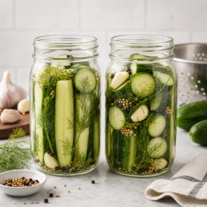 Cucumber spears and rounds packed tightly into mason jars with dill and garlic