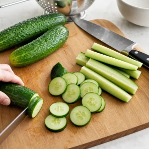 Fresh pickling cucumbers sliced into rounds and spears on a cutting board
