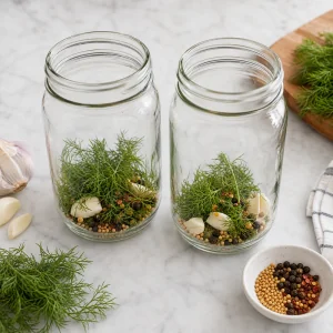 Garlic dill mustard seeds peppercorns and red pepper flakes divided between mason jars