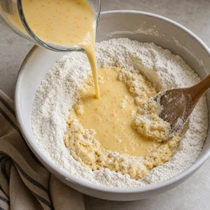 Farina incorporata agli ingredienti umidi per un impasto morbido di koulourakia