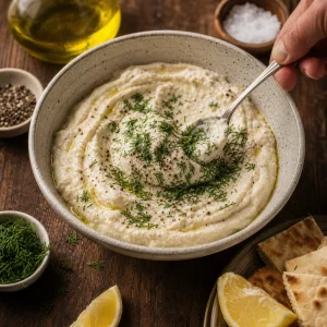Gehackter Dill wird in cremige Taramasalata geruehrt