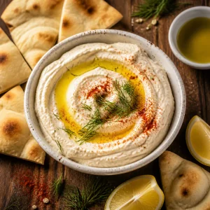 Fertige Taramasalata mit Olivenoel und Pita