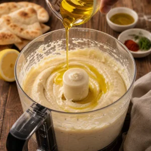 Olivenoel wird in glaenzende Taramasalata getraeufelt