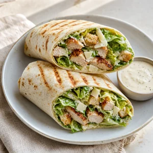 A grilled chicken Caesar wrap sliced diagonally, filled with romaine, Parmesan, croutons, and creamy dressing.